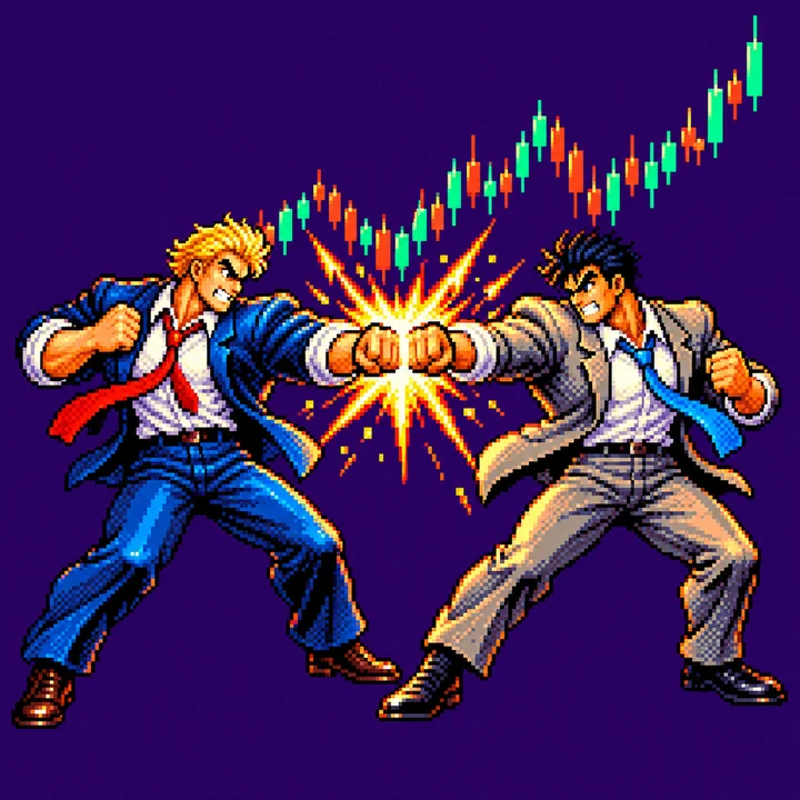 Two pixel-art traders, one in a blue suit and one in a grey suit, trading punches over a rising candlestick chart